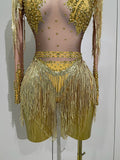 Sparkly Rhinestone Sequin Tassel Stretch Bodysuits Women Birthday Party Nightclub Dj Stage Performance Costume