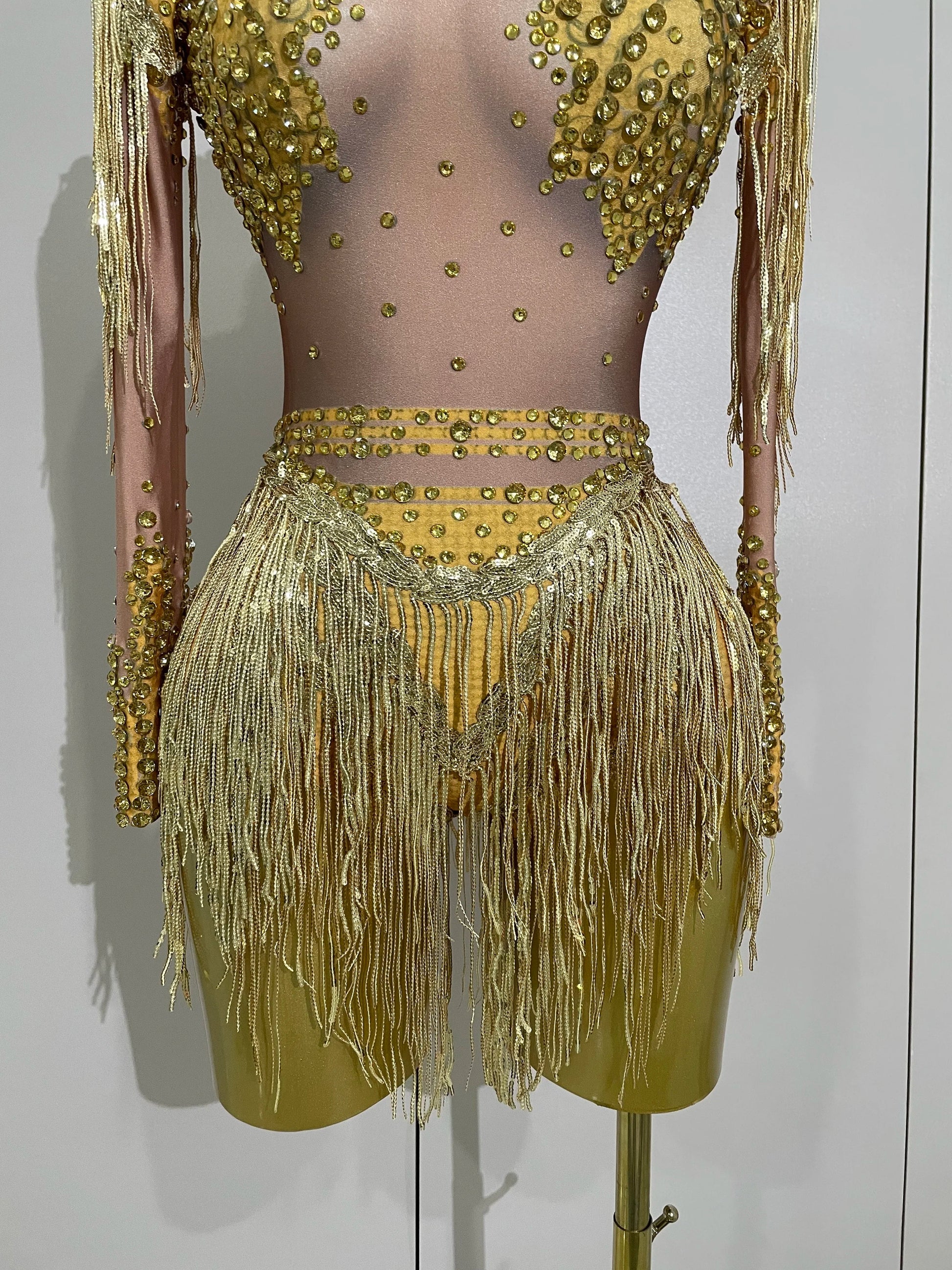 Sparkly Rhinestone Sequin Tassel Stretch Bodysuits Women Birthday Party Nightclub Dj Stage Performance Costume
