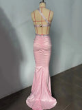 2025 Sexy Women's Hot Diamond Single Shoulder Sleeveless Swallowtail Dress Bodycon Draped Bareback Pink Long Dress Cocktail Even