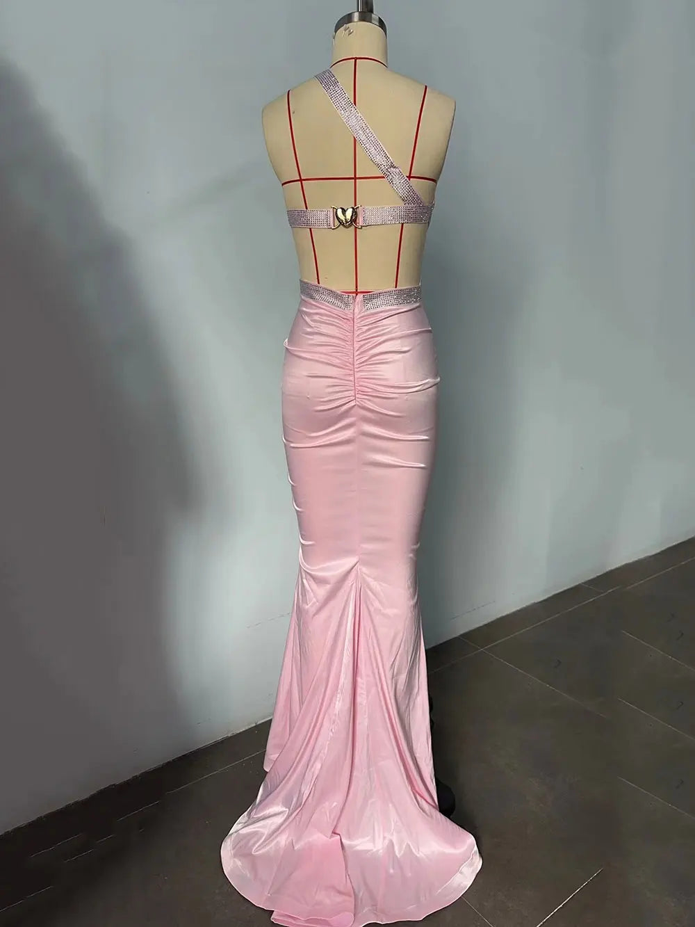 2025 Sexy Women's Hot Diamond Single Shoulder Sleeveless Swallowtail Dress Bodycon Draped Bareback Pink Long Dress Cocktail Even