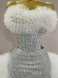 Sparkly Rhinestone Sexy Strapless Tops Skirt 2 PCS Set Women Celebrate Evening Prom Birthday Dress Nightclub Stage Outfit