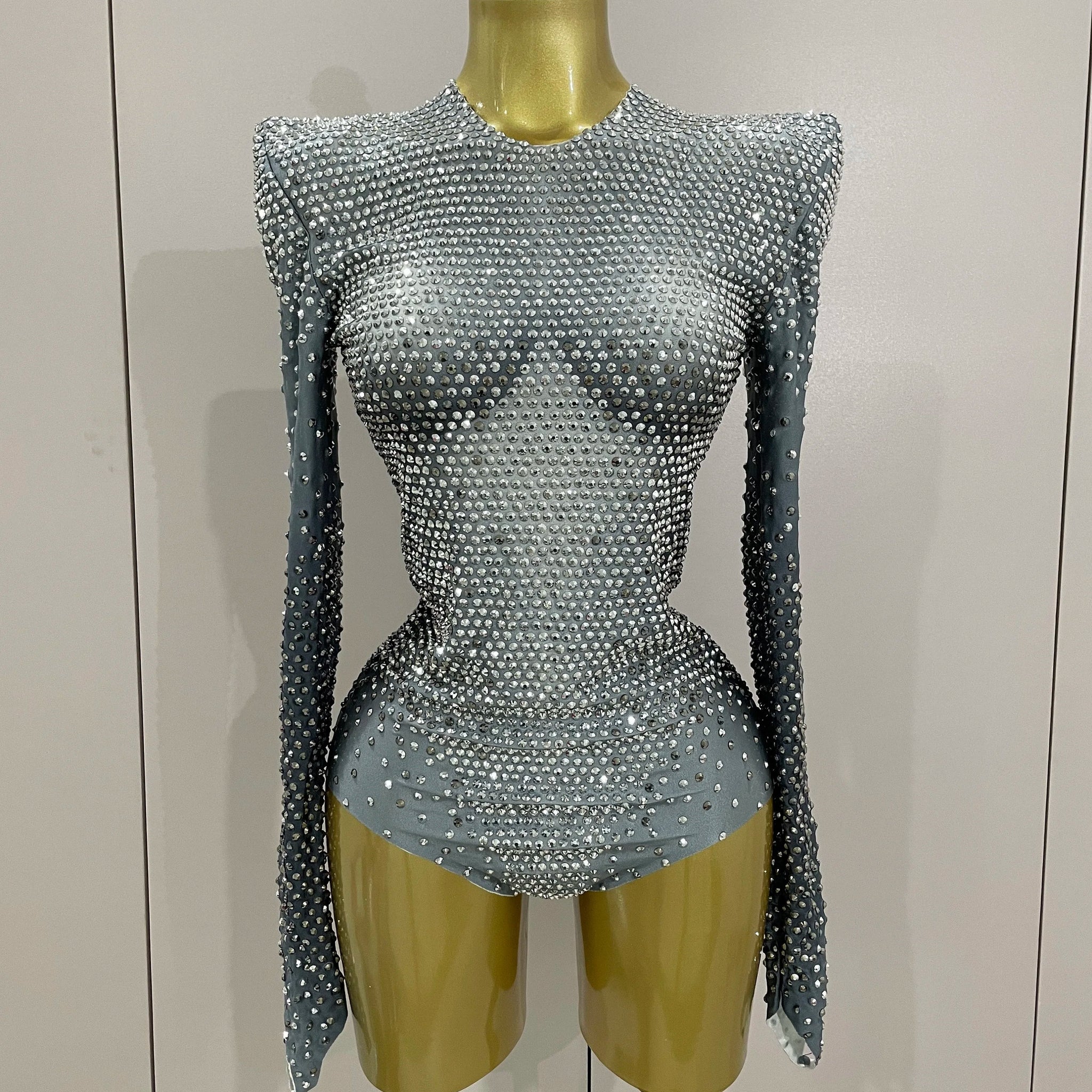 Sparkle Silver Rhinestones Long Sleeve Stretch Bodysuits Women Evening Luxury Birthday Party Sexy Nightclub Stage Costu Silver