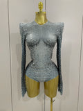 Sparkle Silver Rhinestones Long Sleeve Stretch Bodysuits Women Evening Luxury Birthday Party Sexy Nightclub Stage Costu Silver