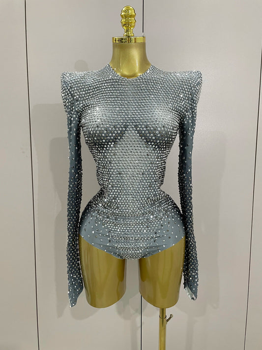 Sparkle Silver Rhinestones Long Sleeve Stretch Bodysuits Women Evening Luxury Birthday Party Sexy Nightclub Stage Costu Silver