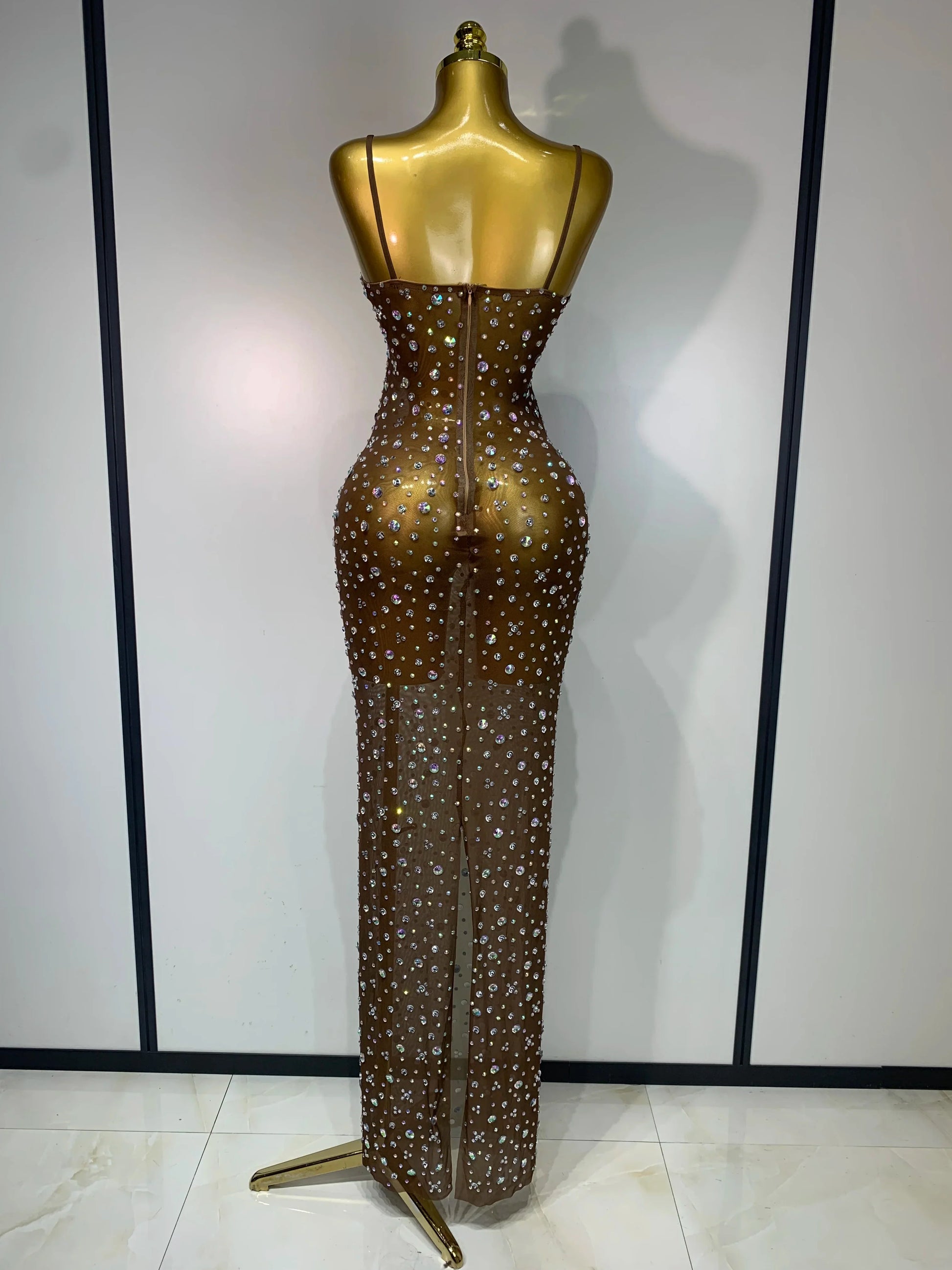 Sparkly Rhinestone Stretchy Mesh See Through Dress Women Performance Dancer Costume Luxury Birthday Nightclub Stage Outfit