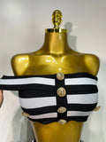 Women Sexy Off Shoulder Striped Button Two Piece Mini Bandage Set Celebrity Designer Evening Party Luxury Birthday Outfit