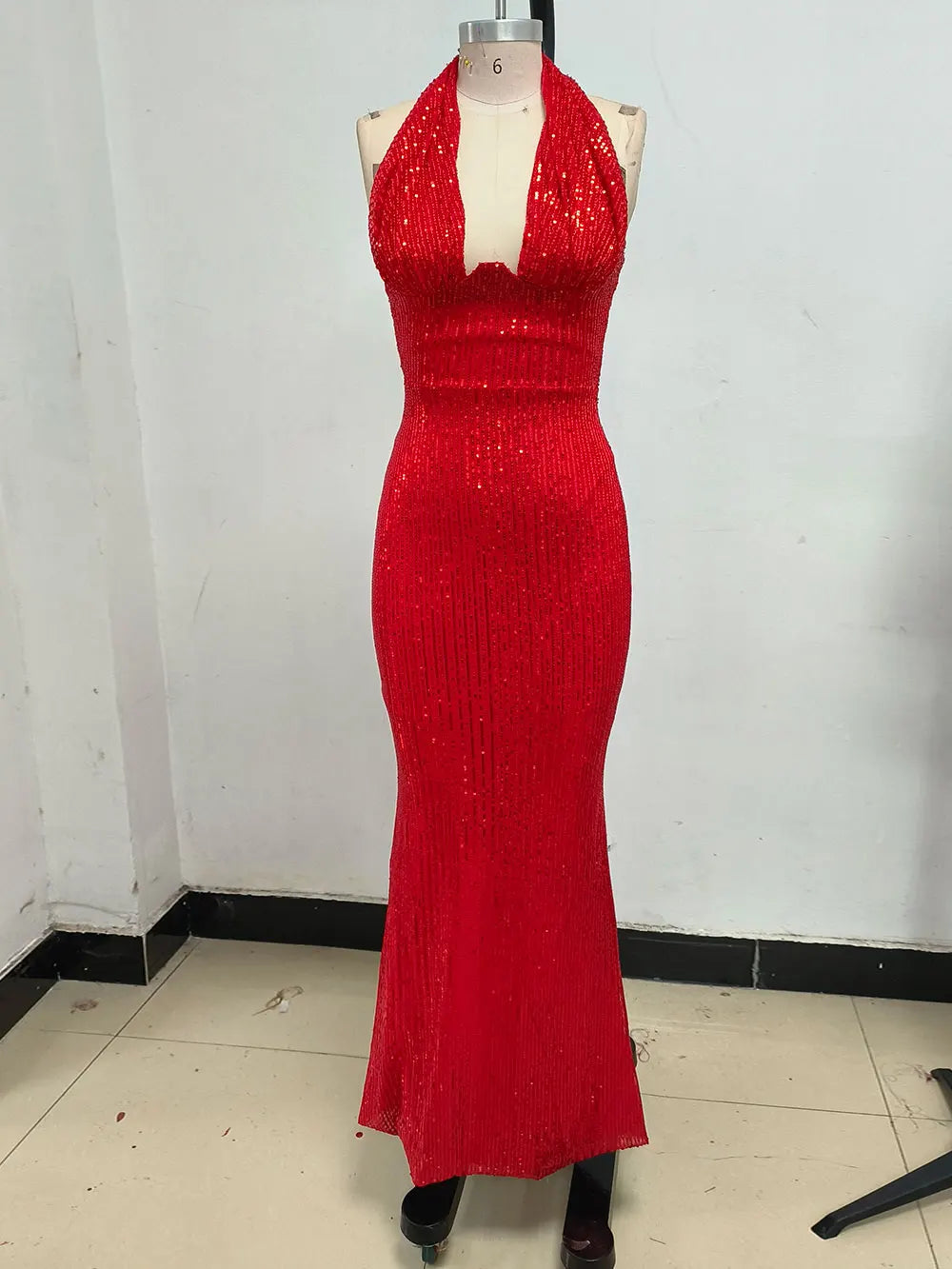 2024 Sexy Women's Maxi Red Sparkle Dress with Hanging Neck Sleeveless Bodycon Backless Long Dresses Evening Club Party Vestidos