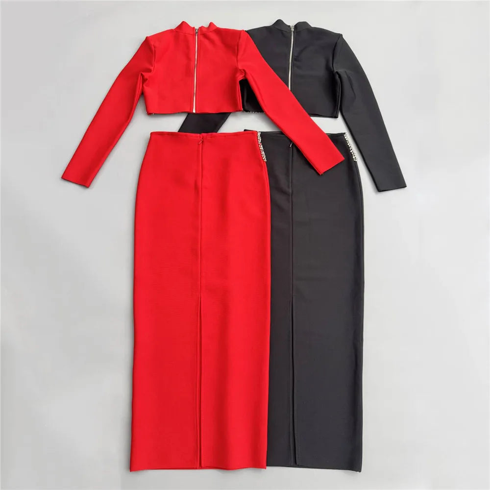 New Black Red Women Long Sleeve Shinning Diamond 2 Pieces Bodycon Bandage Long Dress Elegant Normal Evening Party Outfit