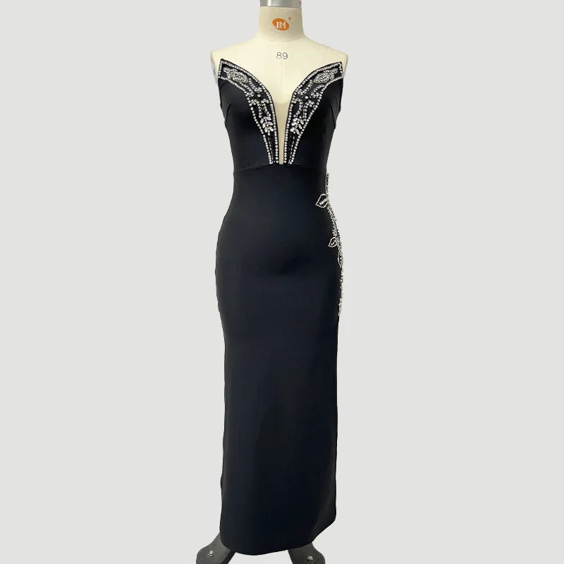 Top Quality Women Shinning Crystal Strapless Off the Shoulder Bodycon Long Bandage Dress Elegant Evening Party Birthday Outfit black