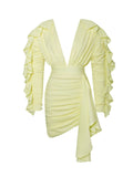 2022 New Yellow Green Women Butterfly Sleeve Sexy Deep V-Neck Bodycon Mini Dress Fashion Nightclub Party Dress Light Yellow