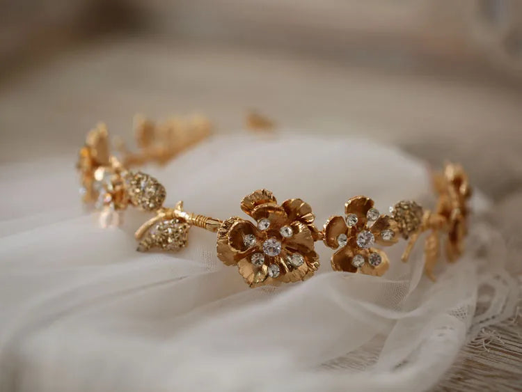 Wedding Hair Accessories Vintage Gold Color Headbands Hairbands Flower Headpiece For Brides Crystal Headdress Bridal Jewelry