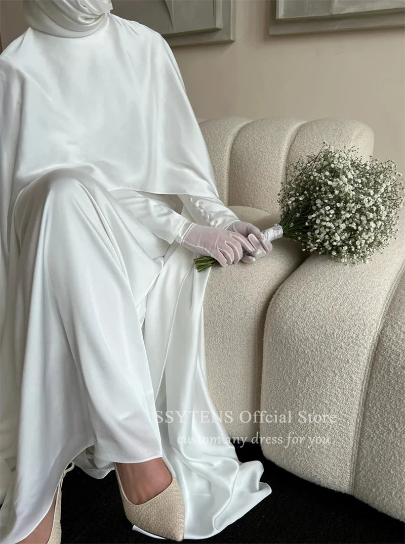 Modest Muslim Wedding Dresses High Neck Bride Dress Women Long Sleeves Customized White Civil Bride Bridal Gowns