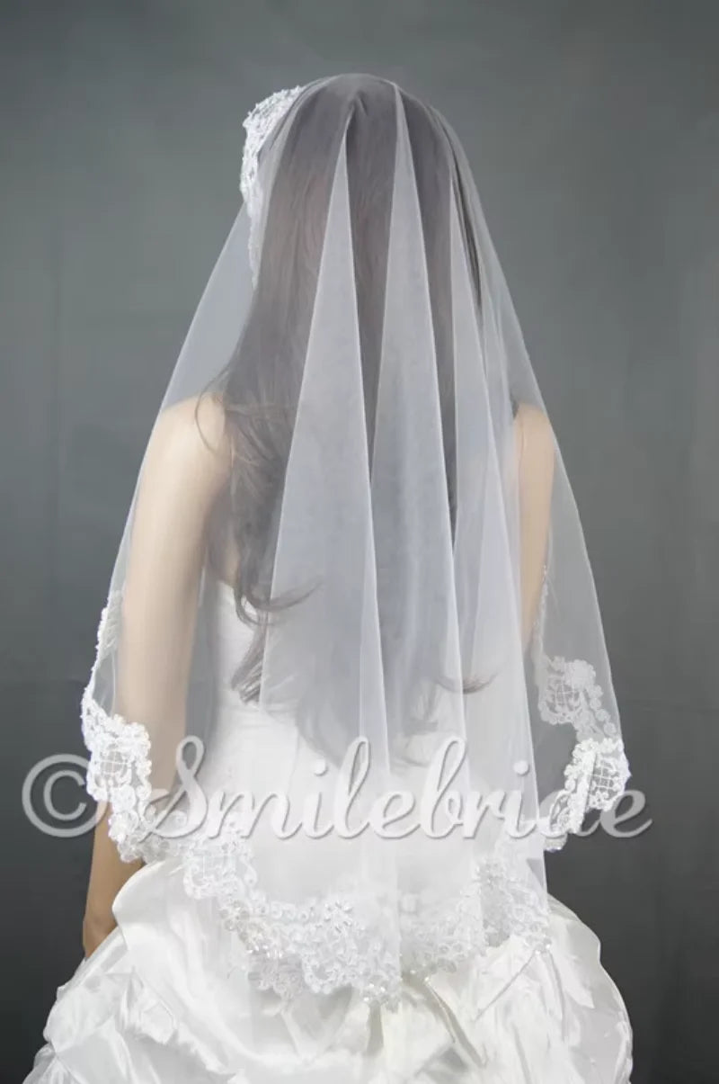 Handmade Beading Wedding Veil 1 Layer Fingertip Veil Lace Bridal Veil