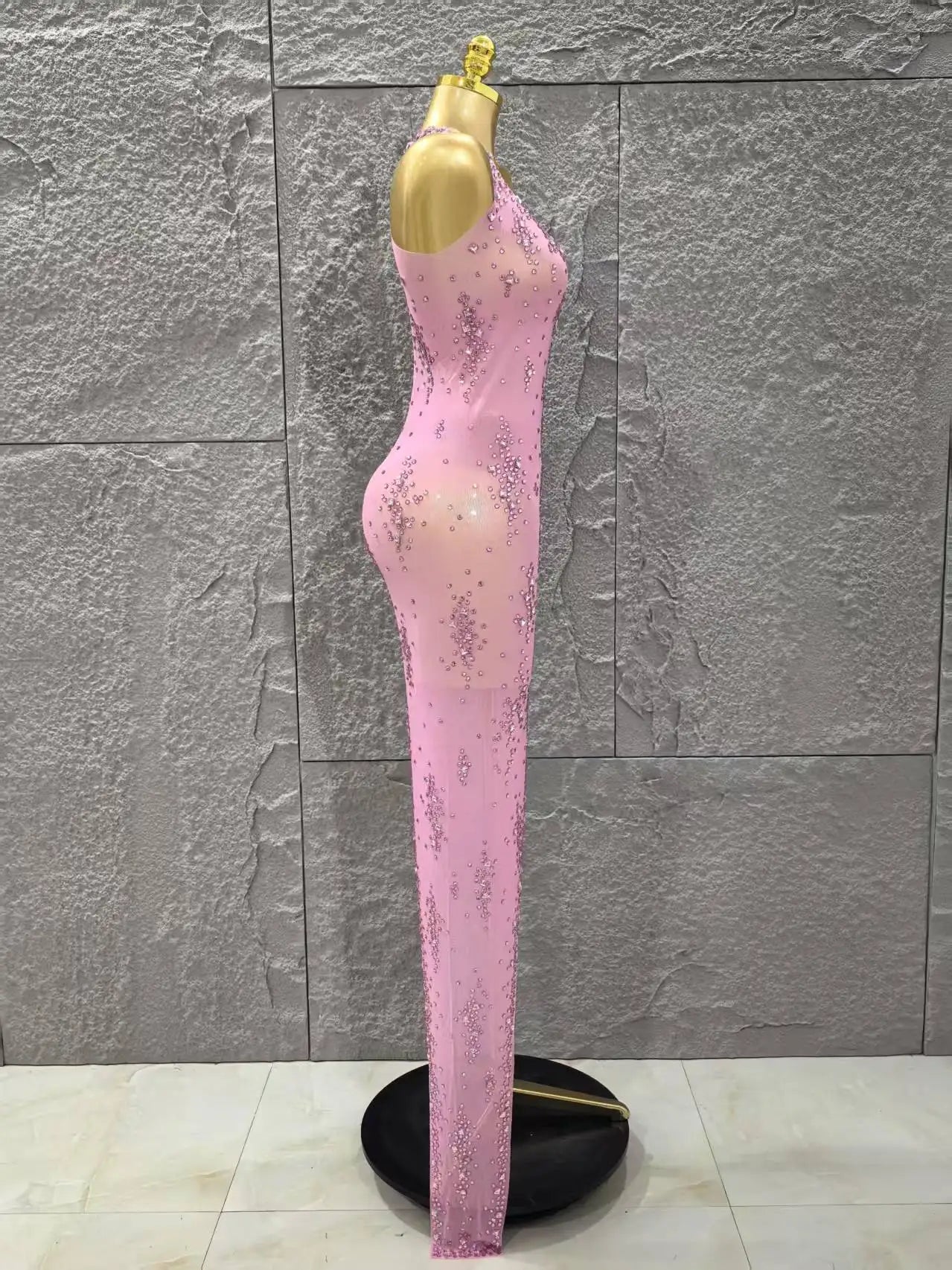 Pink Rhinestones Women Sleeveless Sexy Off the Shoulder Mesh See Through Bodycon Long Dress Celebrate Nightclub Party Outfit