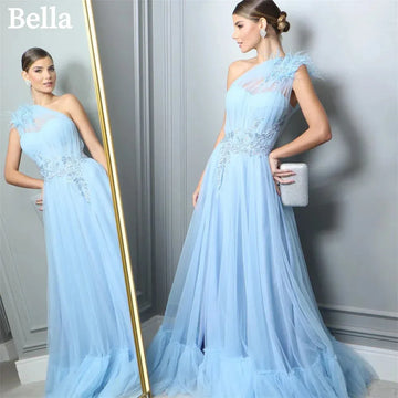 Light Blue One Shoulder A-Line Tulle Prom Dress with Feathers and Lace Embroidery As Picture