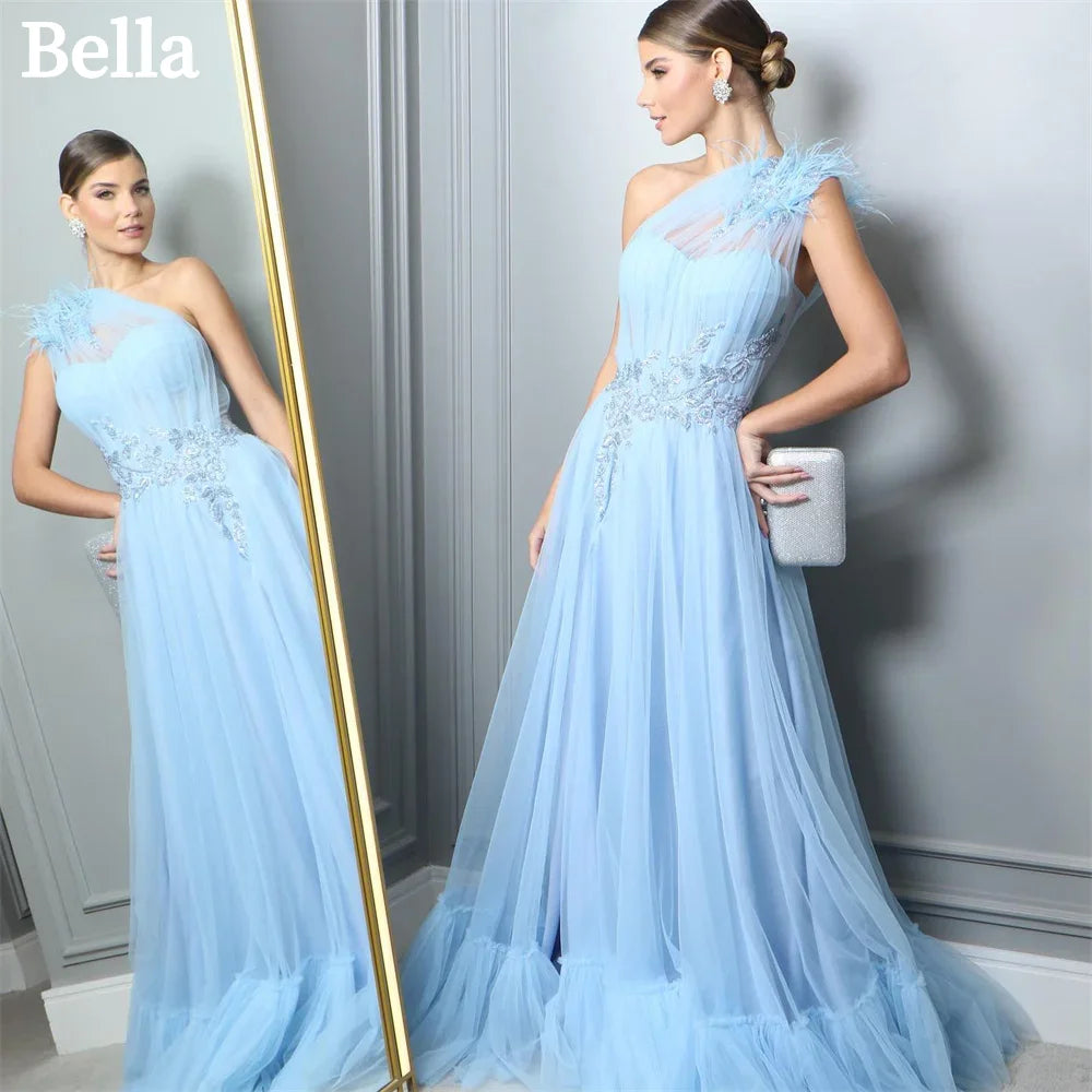 Light Blue One Shoulder Prom Dresses Feathers A-line Vestidos De Fiesta Sleeveless Lace Embroidery Tulle Party Dress