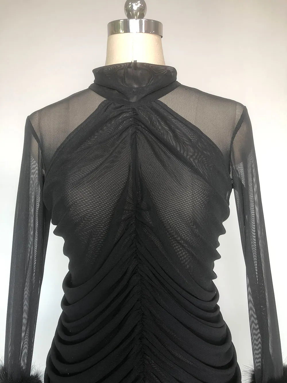 Sexy Women's Patchwork Mesh Dress with High Collar and Hairy Sleeve Design Bodycon Draped Mini Dress Evening Party Vestidos