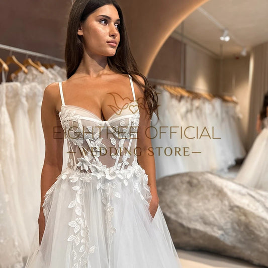 Women A-Line Wedding Dresses Spaghetti Straps Appliques Lace Long Bride Dress Boho Beach Wedding Prom Gowns Custom Size