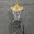 Golden Silver Women Sexy Strapless Shinning Crystal 2 Pieces Bodycon Mini Dress Birthday Party Photo Shoot Celebrate Stage Wear Silver