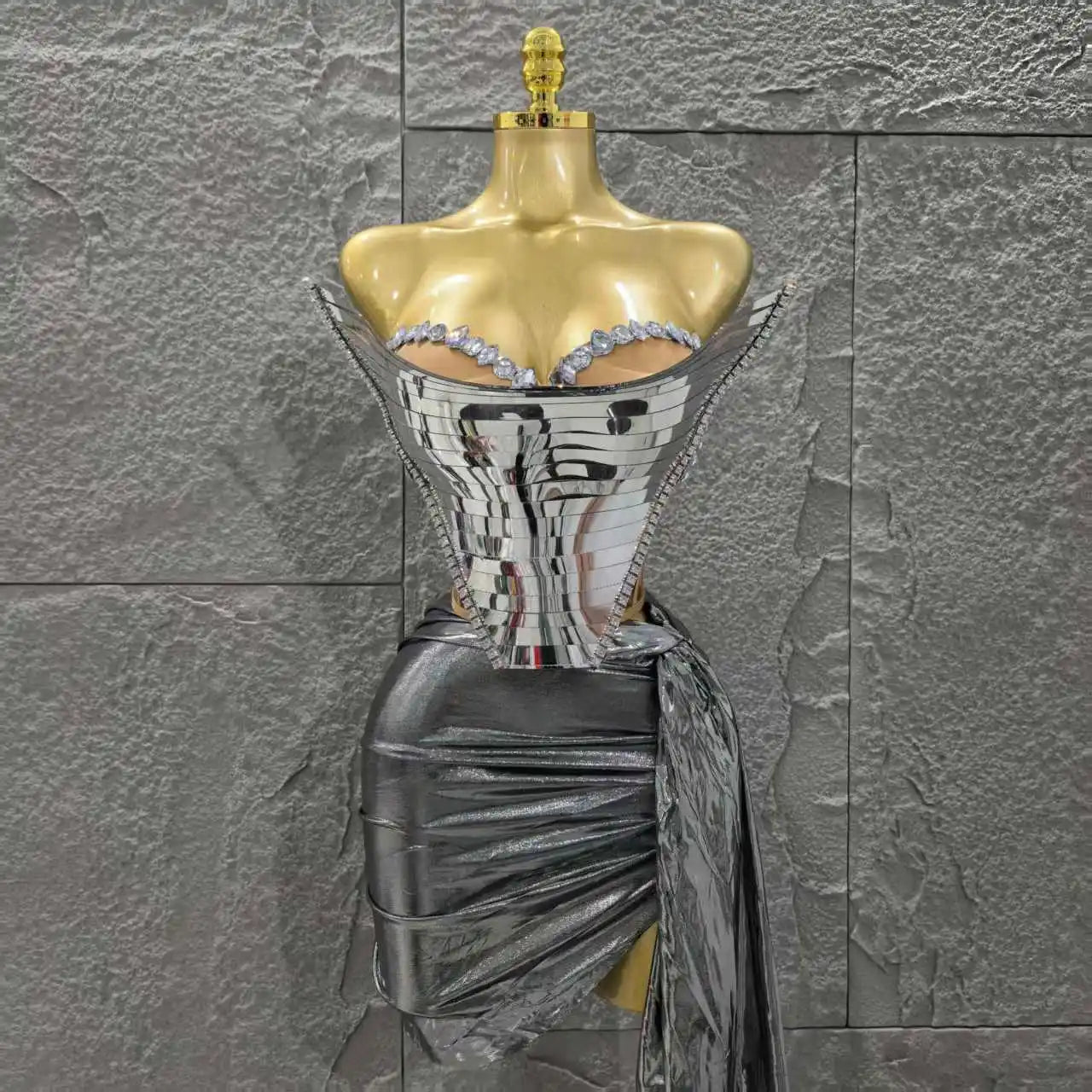 Golden Silver Women Sexy Strapless Shinning Crystal 2 Pieces Bodycon Mini Dress Birthday Party Photo Shoot Celebrate Stage Wear Silver