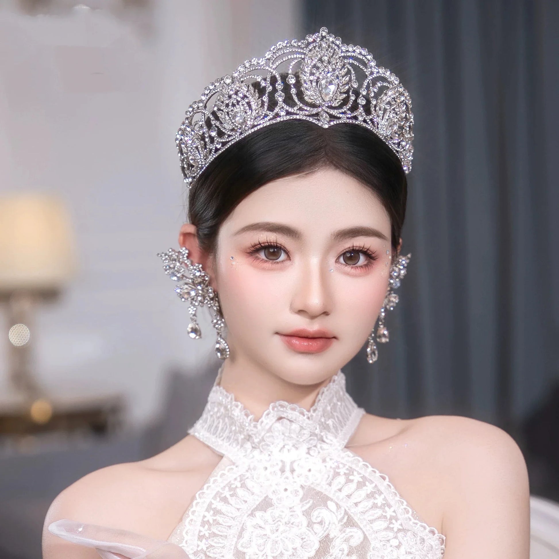 Crystal Tiaras and Crowns Rhinestones Diadem Set For Bride Women Prom Pageant Headband Bridal Hair Jewelry Wedding Accessories