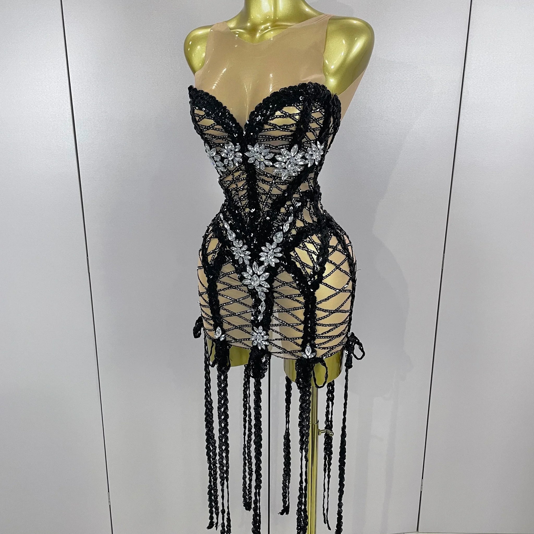 Sparkle Sequins Embroider Diamonds Sleeveless Long Tassel Mini Dress Women Celebrate Evening Birthday Dress Stage Costume