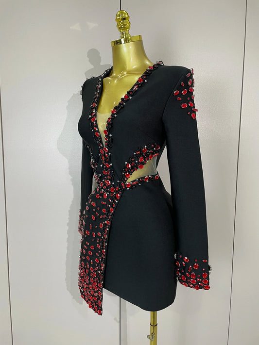 Women Celebrity Sexy Long Sleeve V Neck Rhinestone Black Bandage Dress Elegant Evening Club Luxury Birthday Party Dresses
