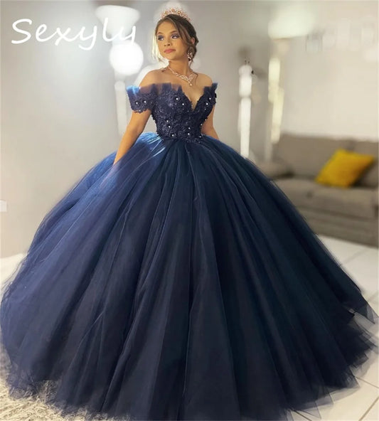Elegant Navy Blue Quincenara Dress Ball Gown Beaded Lace Vestido De 15 Años Vintage Tulle Mexico Girl Birthday Dress Customized