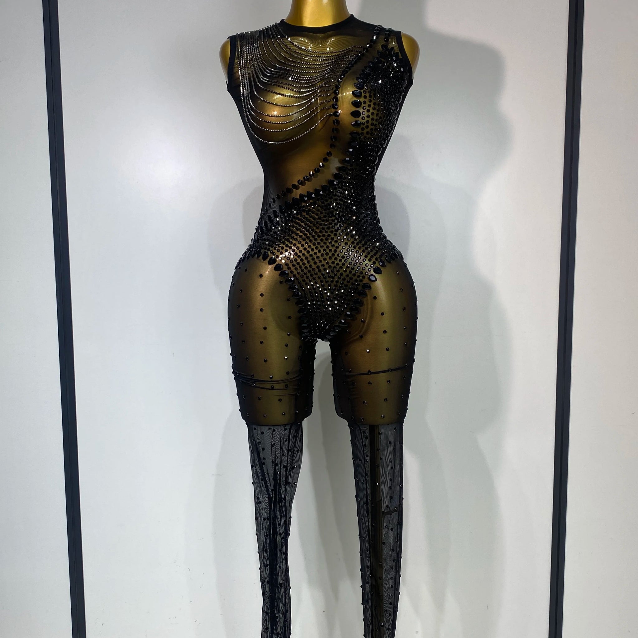 Women Sexy Mesh See Through Crystal Chain Black Bodycon Jumpsuit Celebrity Designer Dancer Night Club Rompers Stage Costume black