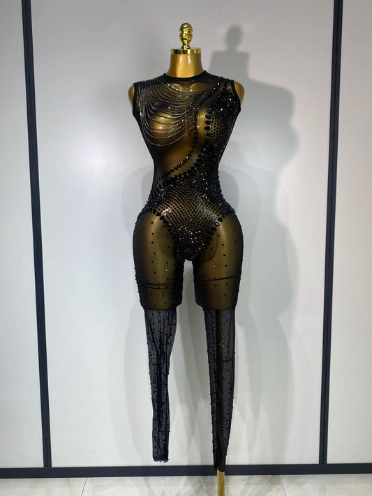Women Sexy Mesh See Through Crystal Chain Black Bodycon Jumpsuit Celebrity Designer Dancer Night Club Rompers Stage Costume black