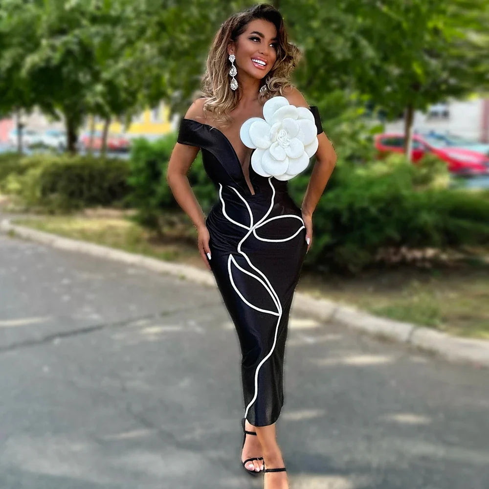 Black Red Color Women Sexy Strapless Big Flowers Bodycon Bandage Long Dress Celebrate Birthday Vacation Cocktail Dress Wholesale