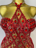Sparkly Sequin Diamond MeshTransparent Top Dress Two Piece Set Women Sexy Evening Party Celebrate Birthday Photo Shoot Wear