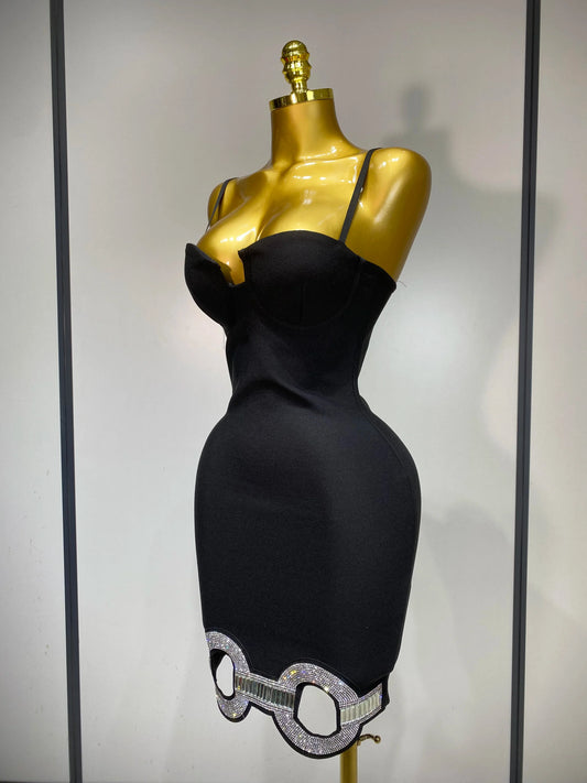 Women Fashion Sexy Backless Halter Black Midi Bodycon Bandage Dress Elegant Evening Club Luxury Birthday Party Dresses