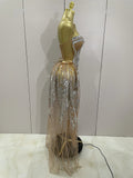 Sparkly Rhinestone Sequins Sexy Strapless See-Through Long Dress Women Evening Birthday Party Dress Nightclub Stage Costume