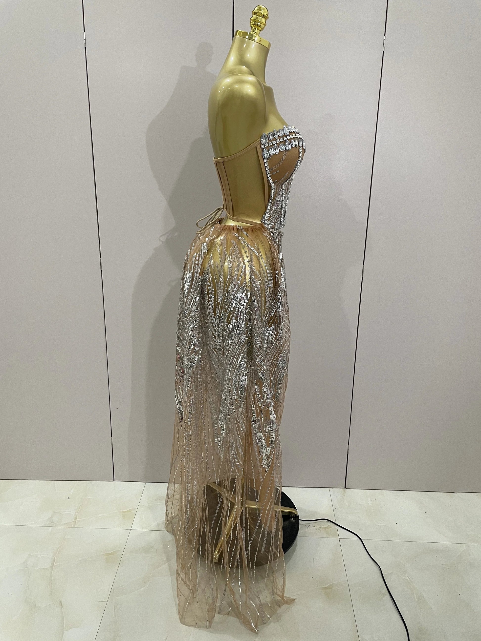 Sparkly Rhinestone Sequins Sexy Strapless See-Through Long Dress Women Evening Birthday Party Dress Nightclub Stage Costume