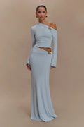 Red Skyblue Women Long Sleeve Sexy 2 Pieces Thin Bodycon Long Dress Celebrate Nightclub Party Fashion Birthday Outfit SKY BLUE