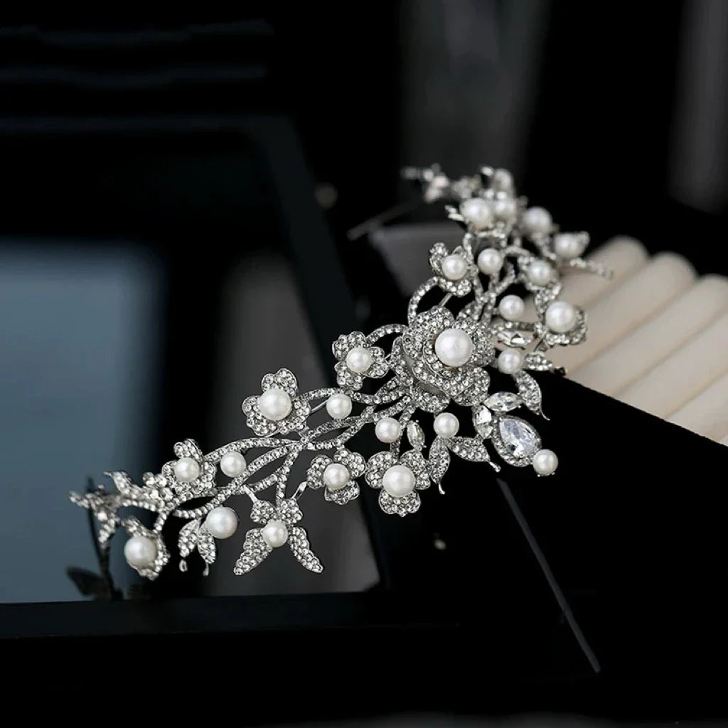 Crystal Rhinestones Tiaras and Crowns Pearl Diadem Women Bride Prom Pageant Headband Bridal Hair Jewelry Wedding Accessories