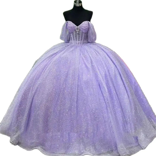 Customized Lilac Sequin Quinceanera Dresses Charro Off Shoulder Fluffy Vestio De 15 Xv Años Sixteen Birthday Dress Masquerade Pink