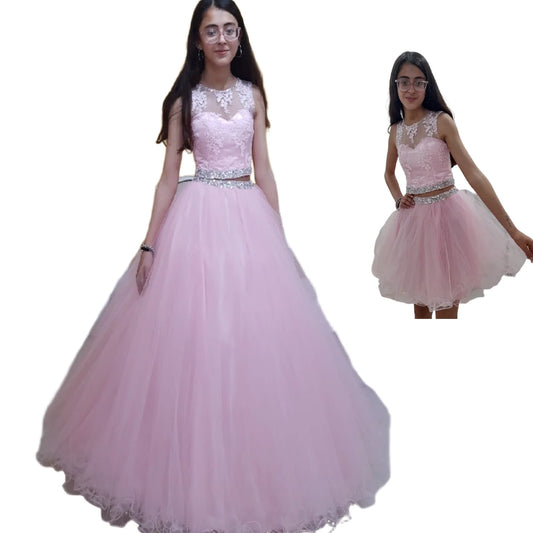 Elegant 2 In1Pink Quinceanera Dresses Detachable Skirt 2025 Beaded Lace Short Vestido De 15 Años Xv Para Pageant Prom Customized WHITE