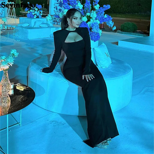 Sexy Black Sheath Prom Dresses Mermaid Two Pieces O-Neck Long Sleeves Floor Length Evening Dresses Women Party Gowns