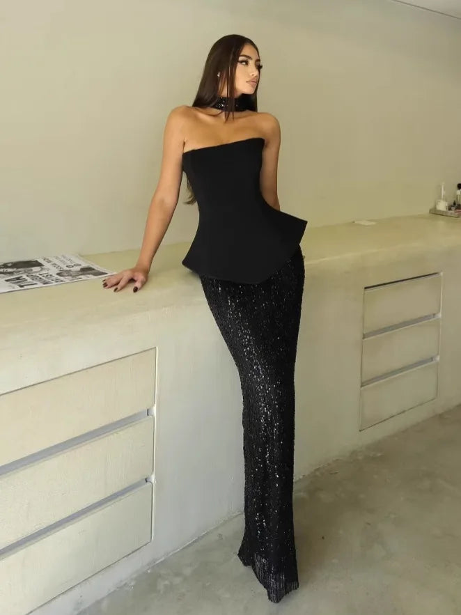 Spring Women Sexy Strapless Shinning Sequins Bodycon Long Bandage Dress Celebrity Red Carpet Evening Party Dress