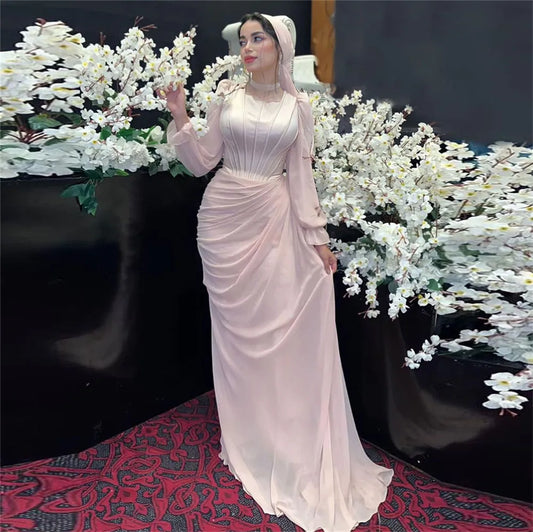 Elegant Baby Pink Muslim Arabic Prom Dresses Long Sleeves O-Neck Chiffon Pleat Formal Evening Dress Women Party Gowns Pink