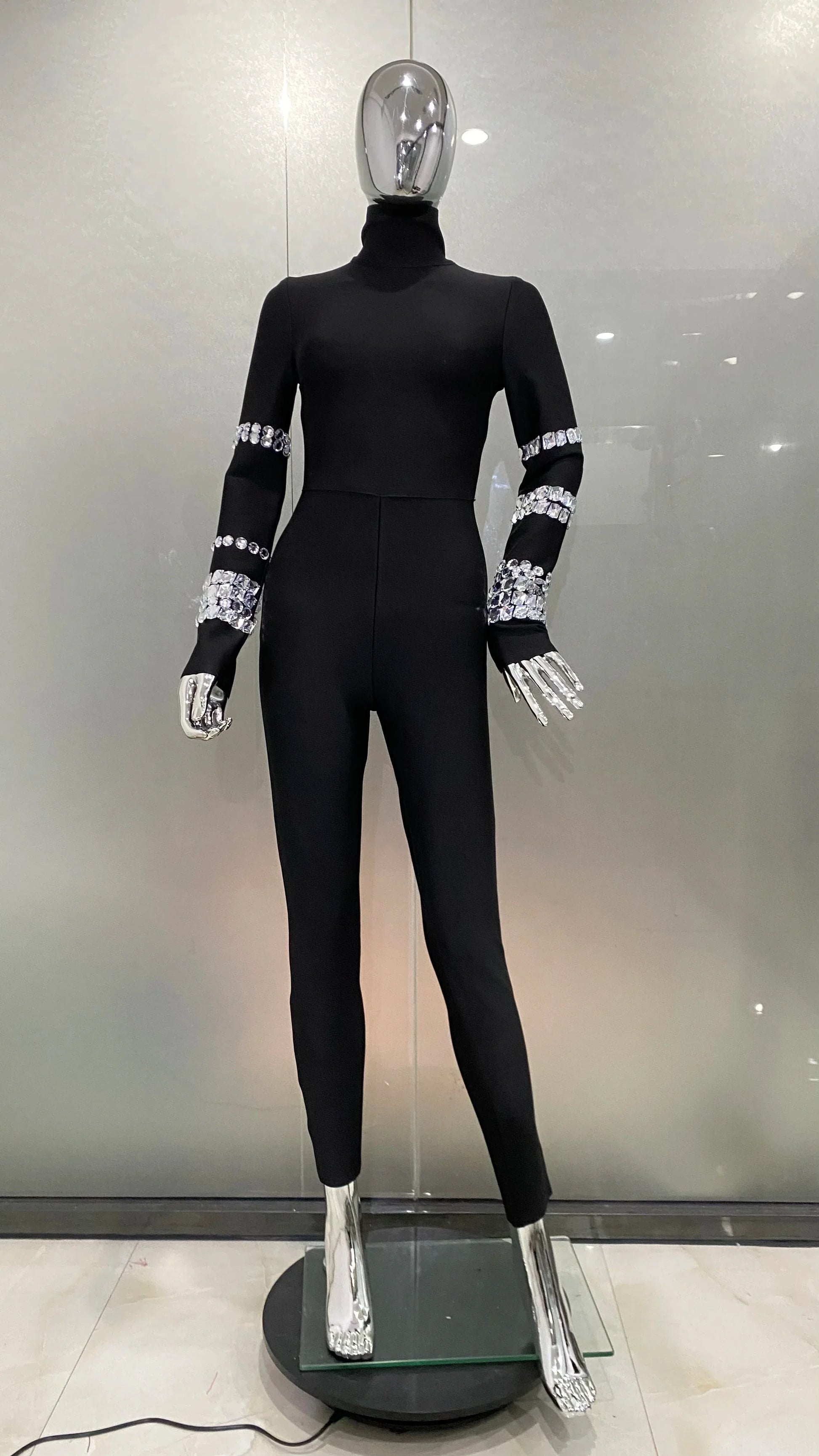 Arrival Shining Diamonds Sleeve Black Bodycom Bandage Jumpsuit Fashion Woman Party Outfit Nightclub Performance Costume black