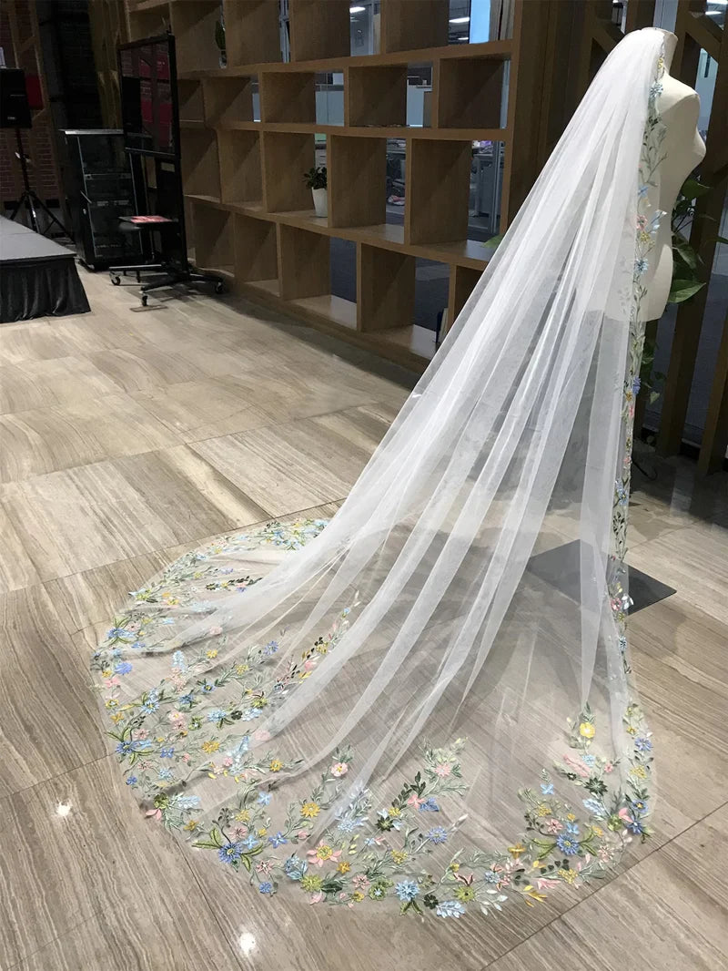 Colorful Flower Wedding Veil Hand Made Lace Bridal Veil Perfect for Outdoor, Garden, or Themed Ceremonies.