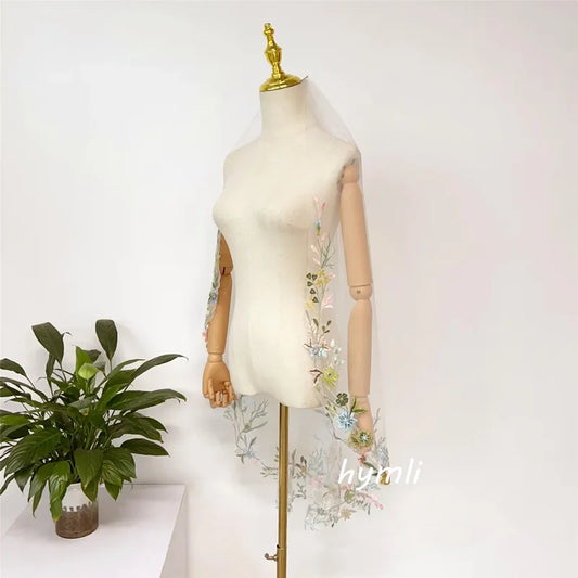 Romantic and Unique Colored Lace Appliqué Fingertip-Length Veil Perfect for Outdoor, Garden, Party, or Themed Weddings