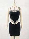 2024 Sexy Women'S Heavy-Duty Nail Bead Rhinestone Bandage Dress, One Shoulder Sleeveless Bodycon Hollow Out Backless Mini Dress black