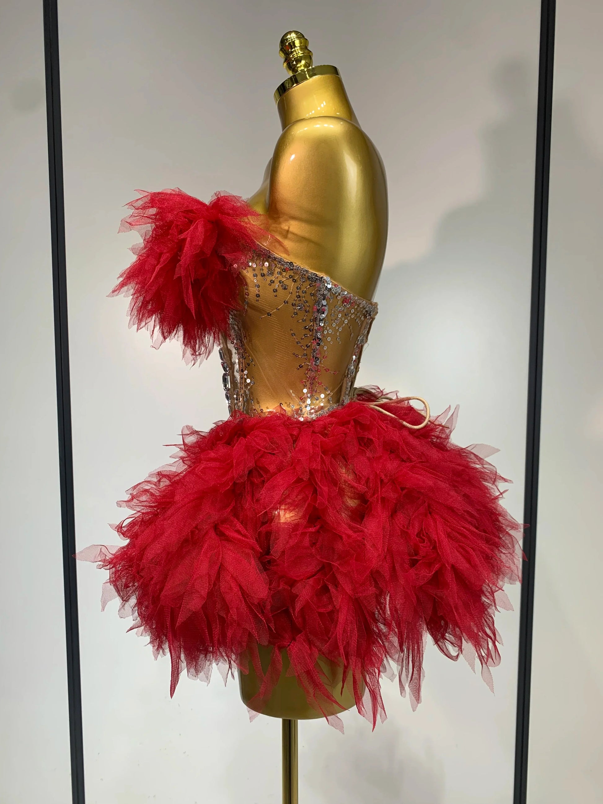Sexy Strapless Red Mesh Two Pieces Set Singer Nightlcub Party Stage Outfit Photo Shoot Prom Gown Luxury Birthday Dresses