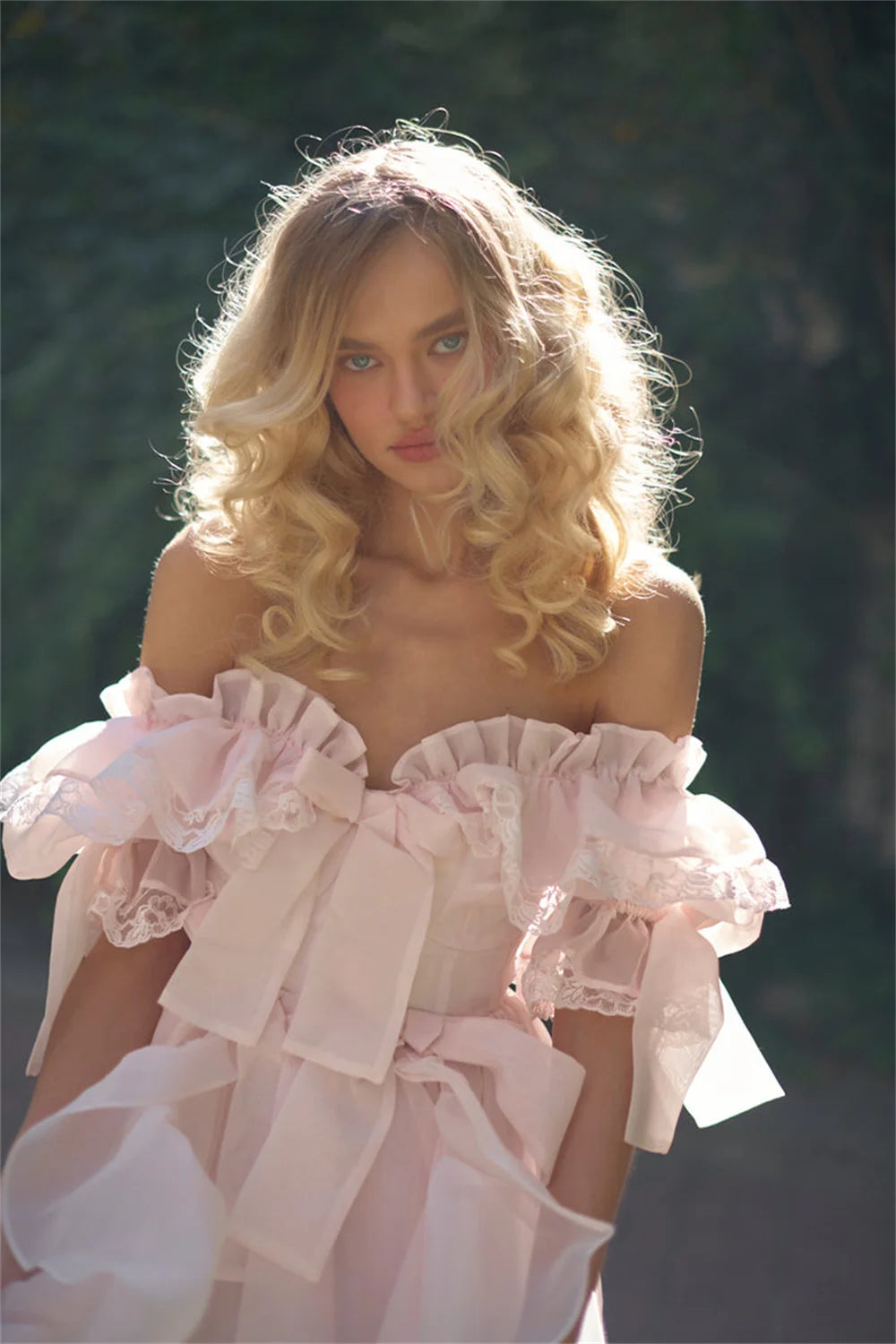 Baby Pink Off Shoulder Prom Dress Sweet Edge Curl Organza Vestidos De Noche Puffy Prom Dress Princess فساتين السهرة