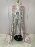 Luxury Feathers Cloak White Printing Sexy Sheath Jumpsuit Women Evening Party Bar Nightclub Singer Stage Performance Costume MULTI