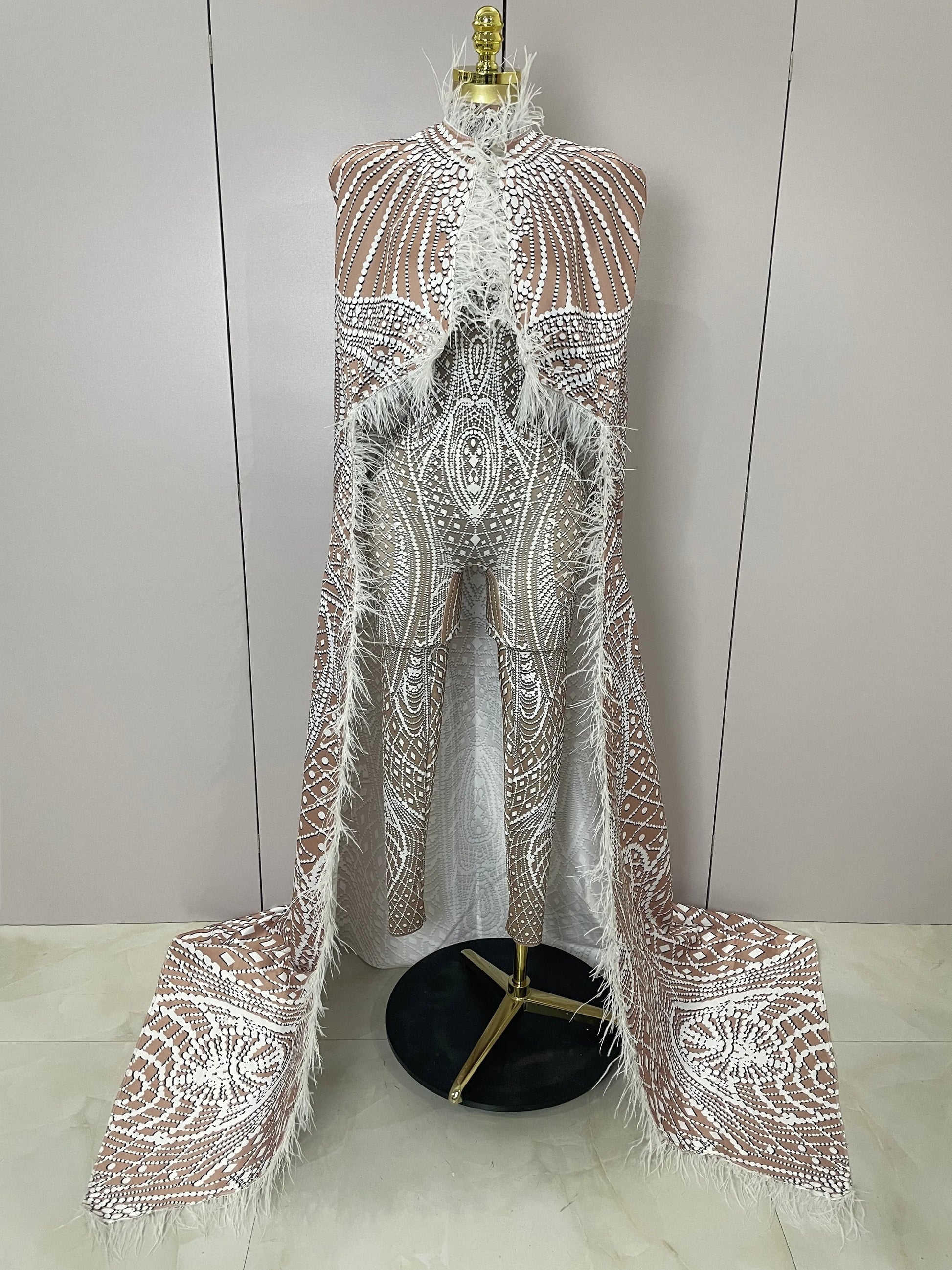 Luxury Feathers Cloak White Printing Sexy Sheath Jumpsuit Women Evening Party Bar Nightclub Singer Stage Performance Costume MULTI